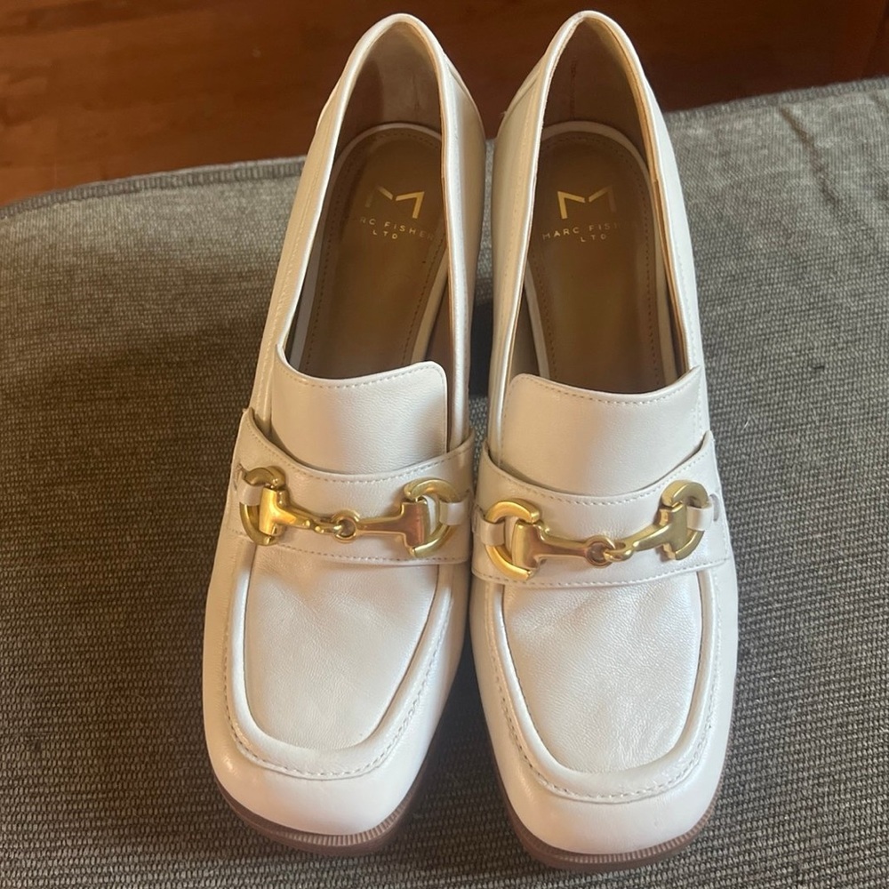 Marc Fisher White Loafers with Gold Accent